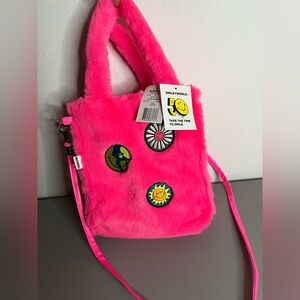 Young Adult SMILEY Small Sherpa Tote Bag Crossbody Neon Smiley Face Y2K Hot Pink